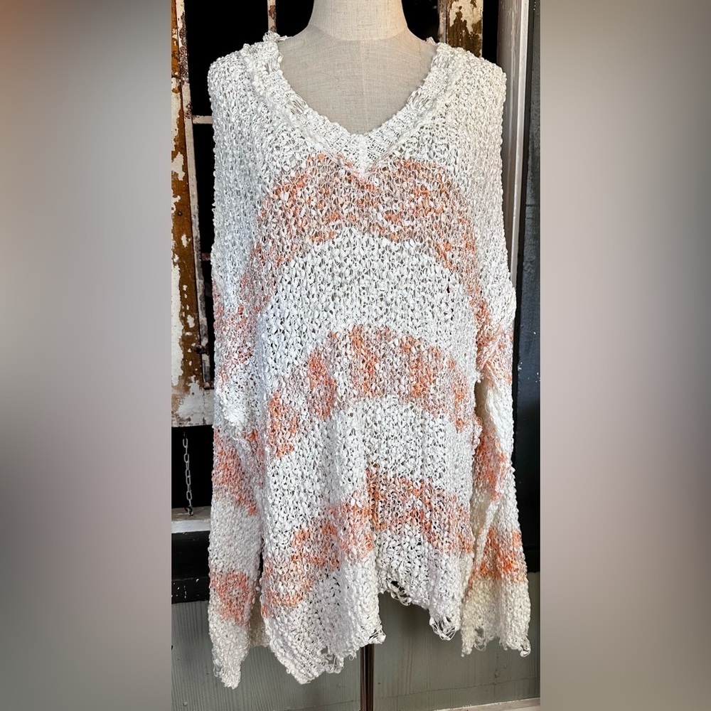 POL Oversized Distressed Open Knit Sweater Cream Peach Stripe Boho Pullover M - Picture 3 of 8